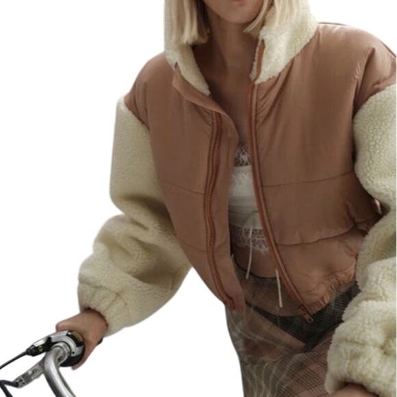 For Love & Lemons Niko Puffer Jacket Cropped Faux Shearling Trim Size M NWOT - Picture 2 of 11